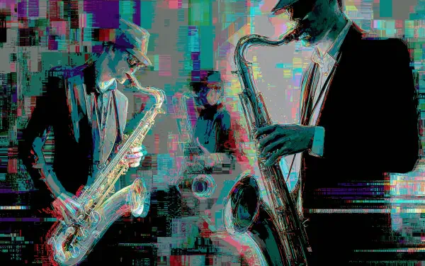 Vaporjazz trio of saxophonists and drummer in neon glitch style, moody jazz scene — 4K Ultra HD PC desktop wallpaper and background