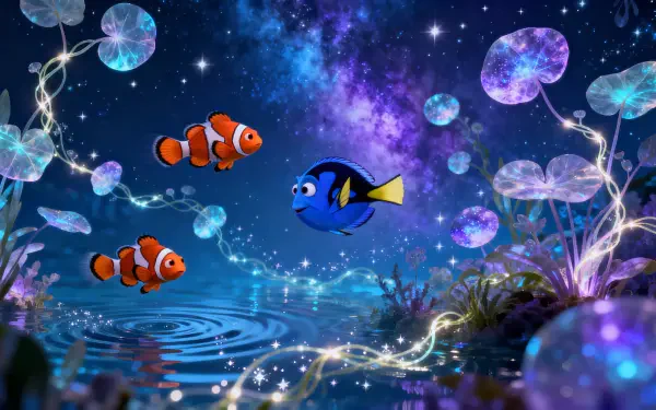 Finding Nemo 4K Ultra HD PC desktop wallpaper: Marlin and Nemo swim with Dory amid glowing jellyfish and a starry, nebula-like ocean backdrop and shimmering bubbles.