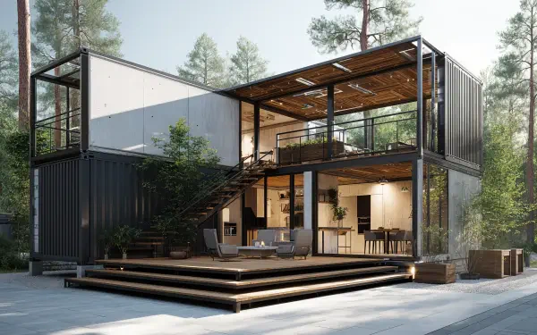 4K Ultra HD PC desktop wallpaper/background of a man-made contemporary two-story container house with open living spaces, wooden deck, and surrounding pine trees.