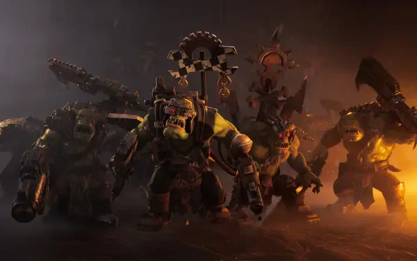 Video game: Warhammer 40,000: Dawn of War IV 4K Ultra HD PC desktop wallpaper — armored Orks with heavy weapons advance through a smoky, orange-lit battlefield.