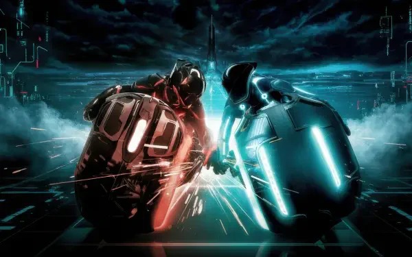 Tron: Ares 4K Ultra HD PC desktop wallpaper of red and blue lightcycles colliding, sparks flying across a neon grid beneath a stormy sky.