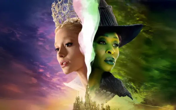 Wicked: For Good 5K Ultra HD PC desktop wallpaper and background — split portrait of a pale witch and a green witch above the Emerald City at dusk.