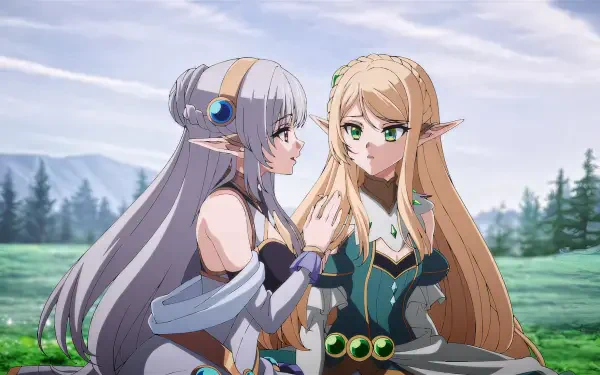 HD PC desktop wallpaper from the anime My Status as an Assassin Obviously Exceeds the Hero’s — two elven women, a silver-haired assassin and a blonde noble, share a quiet moment in a grassy field.