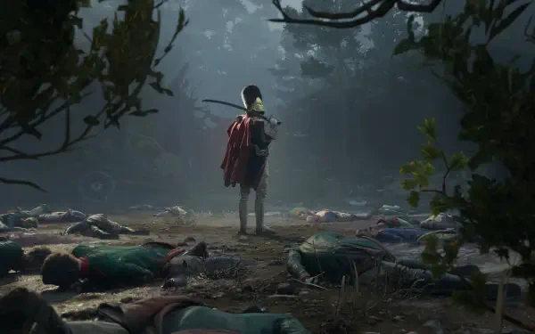 4K Ultra HD Valor Mortis video game wallpaper: lone cloaked warrior stands in a misty forest clearing amid fallen foes, shafts of light cutting through the trees — PC desktop background.