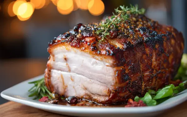 4K Ultra HD PC desktop wallpaper: close-up glazed roast pork loin with crispy crackling, herb garnish on a platter, warm bokeh lights in the background.