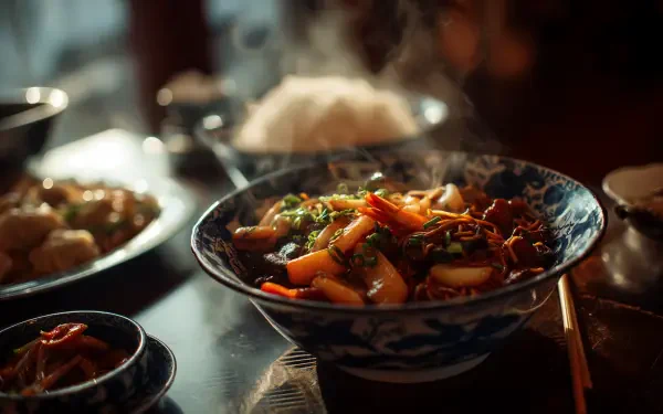 4K Ultra HD PC desktop wallpaper/background: steaming Asian food—vibrant stir-fry in a patterned bowl with rice and side dishes, warm lighting and shallow depth of field.