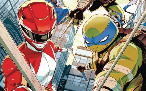 HD comic desktop wallpaper of the Red Power Ranger and Leonardo (Teenage Mutant Ninja Turtles) poised with swords and blades over a cityscape.