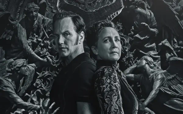 The Conjuring: Last Rites — 4K Ultra HD PC Desktop Wallpaper and Background: two solemn figures back-to-back amid a swirling mass of carved demons and anguished statues in grayscale horror.