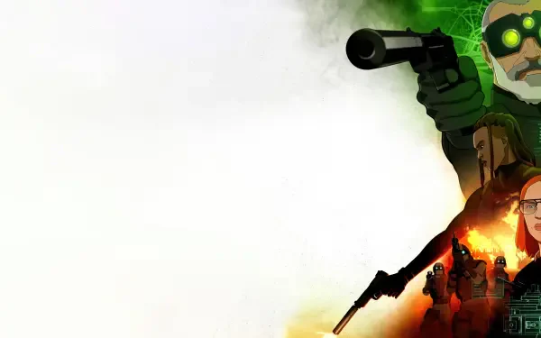 Splinter Cell: Deathwatch 4K Ultra HD PC wallpaper/background — Sam Fisher in green night-vision goggles aiming a silenced pistol, fiery character silhouettes and white negative space.