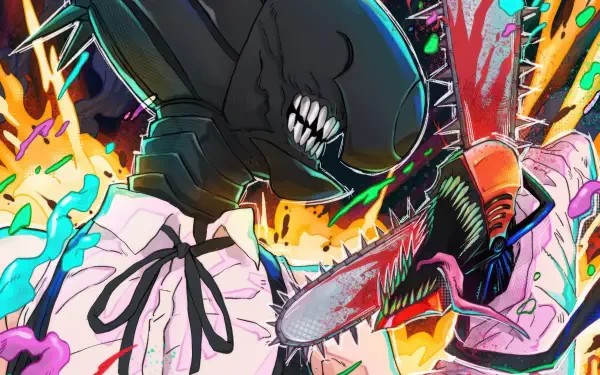 Chainsaw Man 4K Ultra HD PC desktop wallpaper/background: explosive neon scene of Chainsaw Man roaring, blood-splattered chainsaw and dynamic, colorful action.