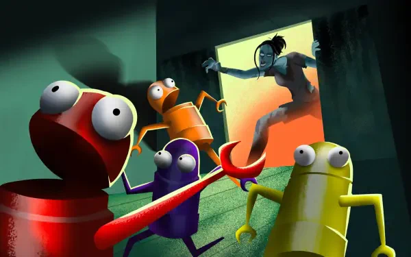 HD PC desktop wallpaper/background for the video game Fortnite R.E.P.O.: colorful bug-eyed robots flee a shadowed room as a silhouetted figure looms in a glowing window.