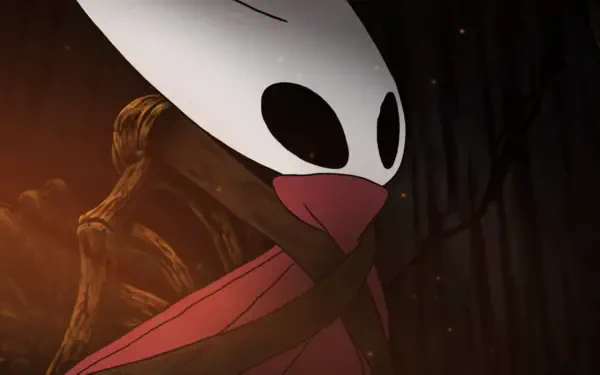 HD PC desktop wallpaper of Hornet from the video game Hollow Knight: Silksong — close-up of her masked face and red cloak against a dark, shadowy forest background.