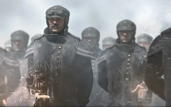 Frostpunk 2 video game HD PC desktop wallpaper: armored soldiers march through a blizzard, a goggled lead officer holding a glowing mechanical device at the front.