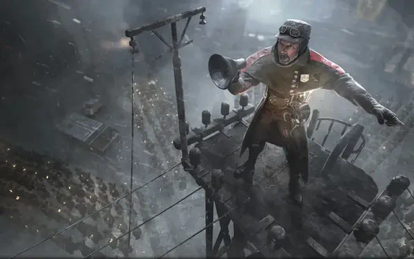 Frostpunk 2 video game HD PC desktop wallpaper: lone survivor on an icy watchtower with megaphone, overlooking a snowbound, ruined industrial cityscape.