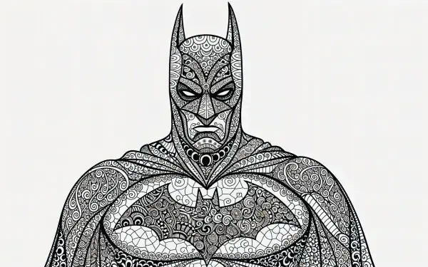 Ornate black-and-white zentangle Batman portrait with intricate line patterns and bat emblem — 4K Ultra HD PC desktop wallpaper and background.