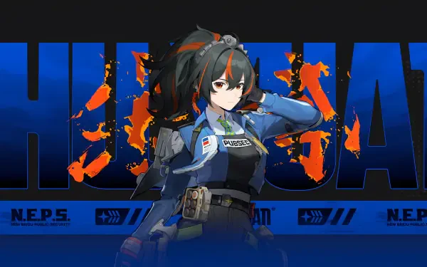 4K Ultra HD PC wallpaper of Zhu Yuan, an anime-style girl from the video game Zenless Zone Zero, posed against a bold blue and orange graphic backdrop.