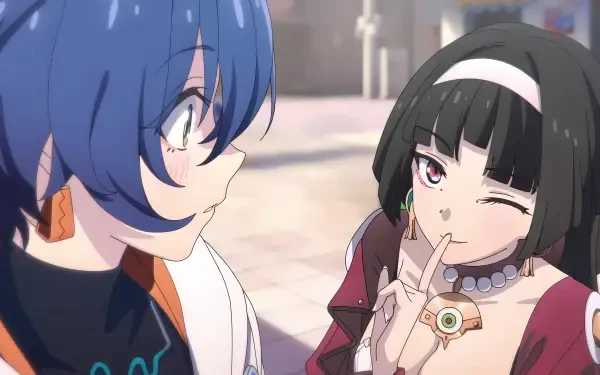 Video game characters Astra Yao and Belle from Zenless Zone Zero: blue-haired surprised as dark-haired Belle winks and shushes — 4K Ultra HD PC wallpaper.