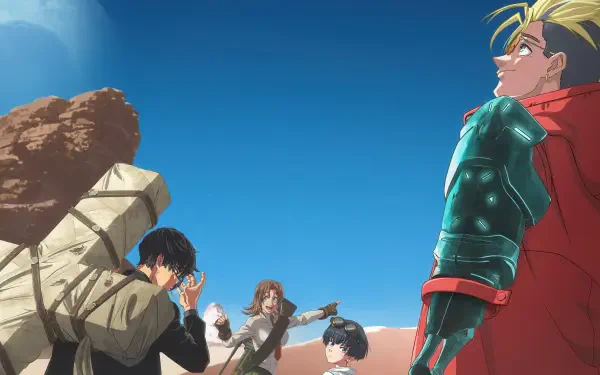 4K Ultra HD Trigun Stargaze desktop wallpaper: Nicholas D. Wolfwood, Meryl Stryfe and Milly Thompson standing in a sunlit desert under a vivid blue sky.