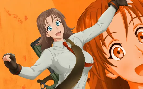Anime 4K Ultra HD PC wallpaper of Trigun STARGAZE's Milly Thompson, exuberant in a white blouse and tie with gloves, carrying a large gun against an orange backdrop, smiling.