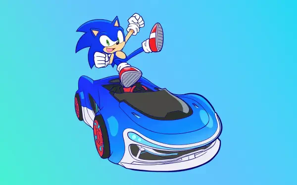HD PC desktop wallpaper of Sonic the Hedgehog jumping from a sleek blue race car on a turquoise gradient background — Sonic Racing: CrossWorlds.