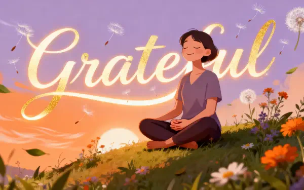4K Ultra HD PC desktop wallpaper: a woman sits cross-legged in a flowered meadow at sunset, eyes closed in gratitude as Grateful gleams across the sky.