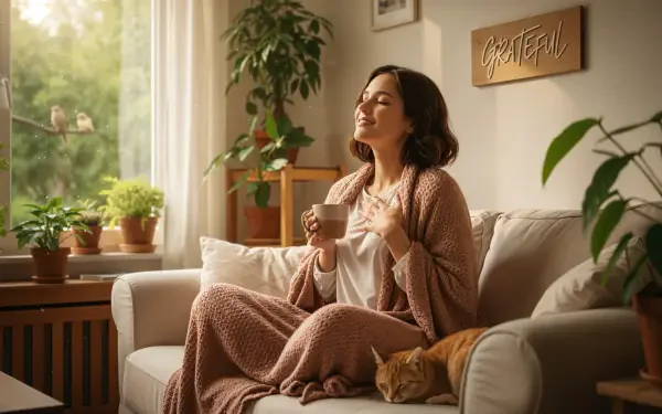 4K Ultra HD PC desktop wallpaper: grateful woman on a sunlit couch, eyes closed and holding a mug, surrounded by houseplants and a sleeping cat.