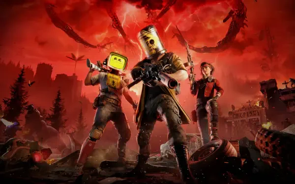 Once Human video game 5K Ultra HD PC desktop wallpaper: three armored survivors with makeshift weapons in a blood-red, ruined post-apocalyptic city beneath looming mechanical tentacles.