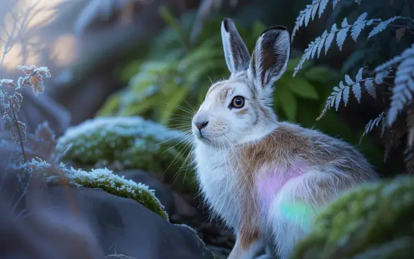 4K Ultra HD PC desktop wallpaper/background: a woodland creature — a white-and-brown hare tucked among moss-covered rocks and ferns, bathed in cool dawn light with soft bokeh.
