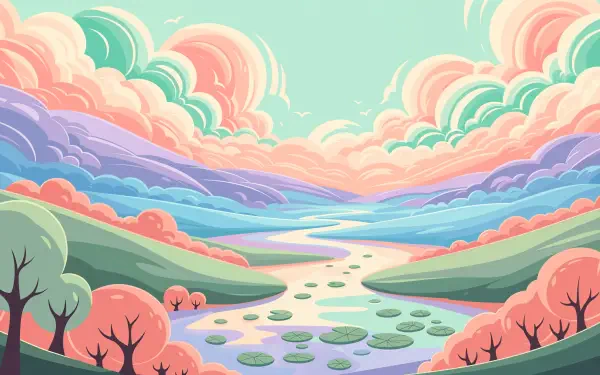 Soft pastel 4K Ultra HD PC desktop wallpaper and background — dreamy layered clouds above rolling hills, a winding river with lily pads and silhouetted trees.