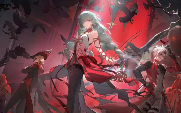 HD PC desktop wallpaper/background from the video game Wuthering Waves: Phrolova in flowing red robes, crows and ribbons under a crimson sky.