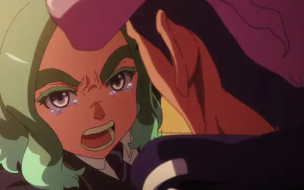 HD PC desktop wallpaper from the video game Inazuma Eleven: Victory Road, an intense close-up of a green-haired character angrily shouting during a confrontation.