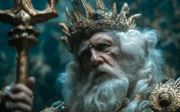 Portrait of King Neptune holding a trident, crowned sea king with flowing white beard and ornate armor — 2K Quad HD PC desktop wallpaper.