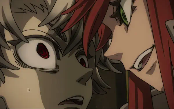 5K Ultra HD PC desktop wallpaper: Gachiakuta anime scene featuring Rudo Surebrec and Riyou Reaper — red‑haired smirker leaning close to a pale, wide‑eyed, terrified character.