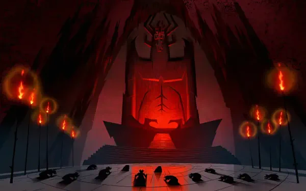 HD PC desktop wallpaper of Aku from the TV show Samurai Jack: a red-lit demonic throne with Aku's carved face looming over hooded figures kneeling in a cavernous ritual hall.