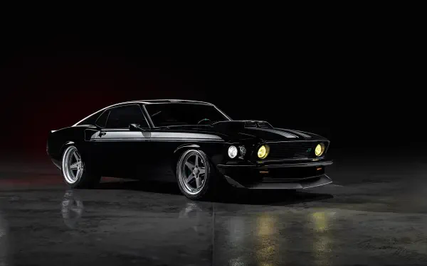 Black 1969 Ford Mustang Mach 1 in glossy black on a reflective studio floor, dramatic lighting — 2K Quad HD PC desktop wallpaper/background.