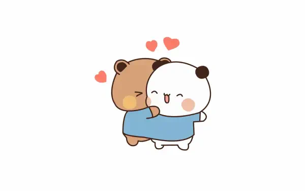Minimalist kawaii Milk and Mocha bears hugging with hearts — white Milk bear and brown Mocha bear in a 4K Ultra HD PC desktop wallpaper.