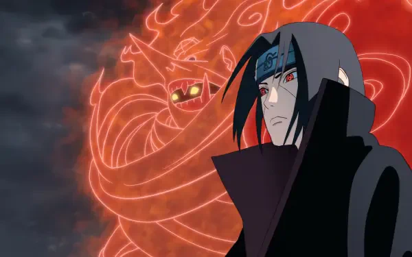 5K Ultra HD PC desktop wallpaper of Itachi Uchiha (Naruto) with glowing Mangekyō Sharingan and a crimson Susanoo looming behind him.