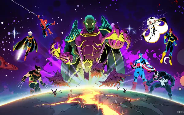 MARVEL Cosmic Invasion 4K Ultra HD PC desktop wallpaper — a towering cosmic villain looms over a cracked Earth while Marvel heroes assemble beneath a vivid purple starfield.