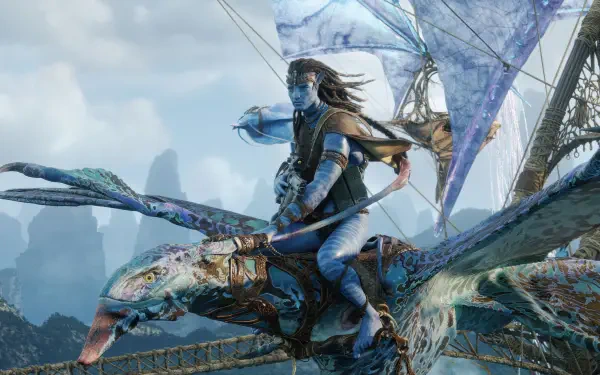 4K Ultra HD PC desktop wallpaper of Jake Sully from the movie Avatar: Fire and Ash — a dragon rider soaring on a giant winged creature above misty, alien cliffs.