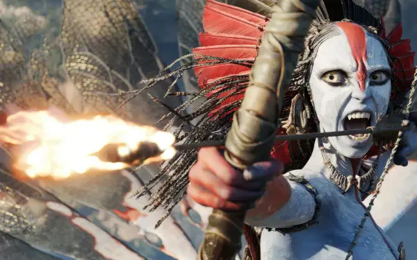 Varang from the movie Avatar: Fire and Ash snarls as she draws a flaming arrow—archer close-up; 4K Ultra HD PC desktop wallpaper and background