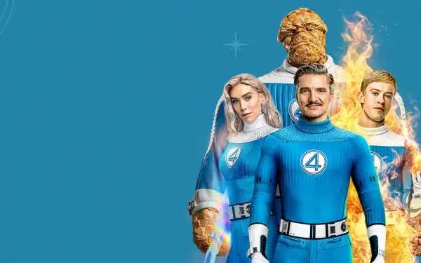 The Fantastic Four: First Steps movie HD PC desktop wallpaper depicting the four heroes in blue uniforms against a solid blue background.