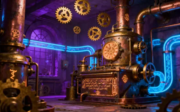 4K Ultra HD PC desktop wallpaper and background: fantasy engine room - brass boilers, glowing blue pipes and floating gears in a purple-lit steampunk chamber.