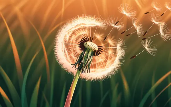 Close-up dandelion releasing seeds against warm orange and green bokeh grass — 4K Ultra HD PC Desktop Wallpaper and Background.