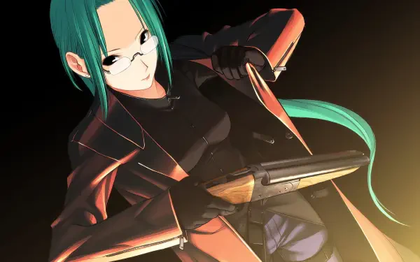 HD PC desktop wallpaper/background of a blue-haired character from the video game The Song of Saya, smirking and aiming a shotgun in dramatic warm lighting.