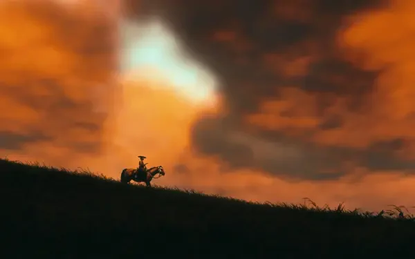 Ghost of Tsushima video game scene: silhouetted rider on horseback atop a grassy ridge against a fiery orange sky — HD PC desktop wallpaper gaming environment background.