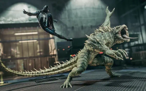 2K Quad HD PC desktop wallpaper from the video game Marvel's Spider-Man 2: black‑suited Spider-Man lunges at a snarling Lizard (Marvel Comics) in a gritty industrial arena.