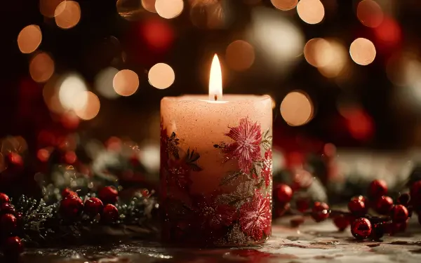 4K Ultra HD PC desktop wallpaper: lit Christmas candle decorated with poinsettias, surrounded by holly and red berries, warm bokeh lights glowing in the background.