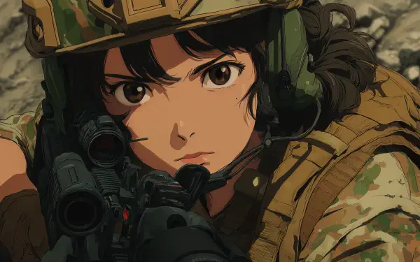 Anime girl soldier aiming a rifle in camo helmet and tactical gear — military anime 4K Ultra HD PC desktop wallpaper/background.