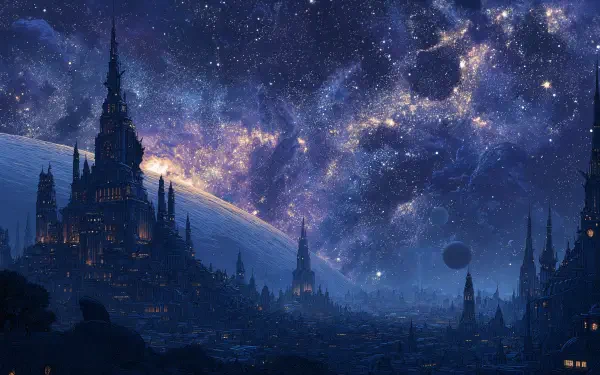 Space fantasy 4K Ultra HD PC desktop wallpaper background: a spired alien castle city on a distant world beneath a glowing nebula and ringed planet.