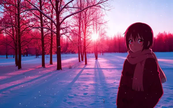 Winter anime 4K Ultra HD PC desktop wallpaper and background: an anime character in a scarf stands in a snowy forest at sunrise, pink sky casting long blue shadows.